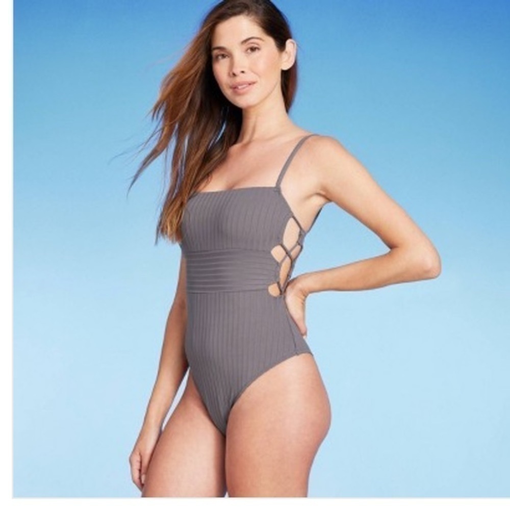 Women's Square Neck Strappy Side Ribbed One Piece Swimsuit - Shade & Shore